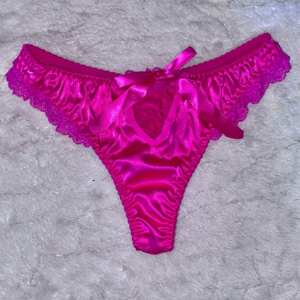 Pink Lace Trim Satin Thong